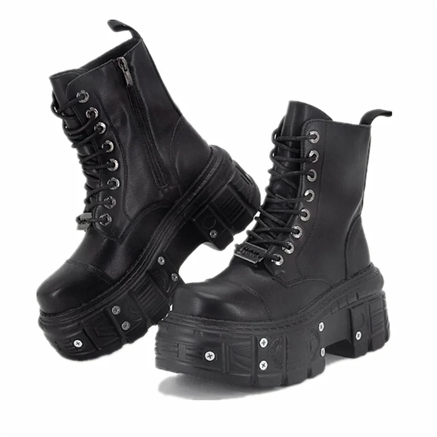 Punk Style Women Boots Lace-up Heel Platform Shoes Woman Gothic Ankle Rock Boots Metal Decor Men And Women Short Boots 2024