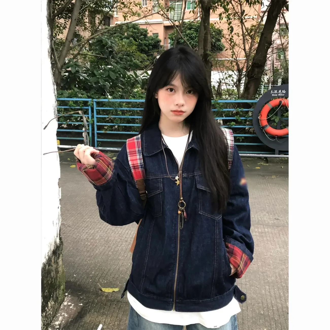 

Japanese Women Denim Blue Jeans Jackets Bomber Jacket Zipper Turn Down Collar Coat Vintage Embroidery Spring Autumn Outerwear