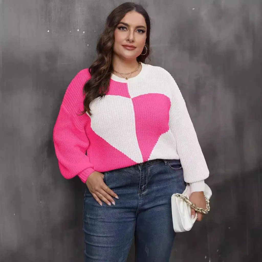plus Size Women's Autumn Winter Jacket European American Style Pullover Woven Sweater Love Stitching Contrast Design