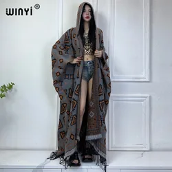 WINYI zimowe swetry damskie boho z sukienka na wakacje nadrukiem gruba ciepła damska sukienka kaftan maxi z kapturem mop płaszcz moda Abaya