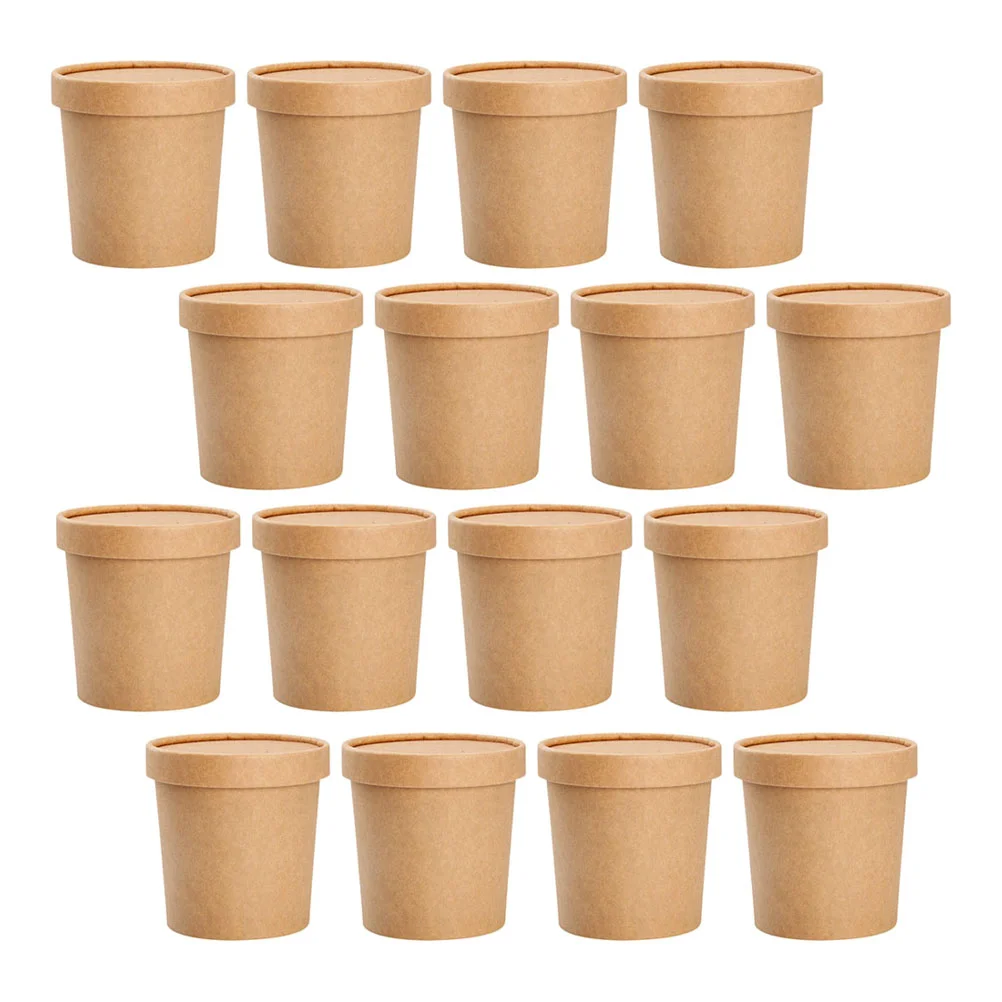 50 Sets Cowhide Soup Cup Durable Porridge Cups Dessert Practical Take-out Kraft Buckets with Covers