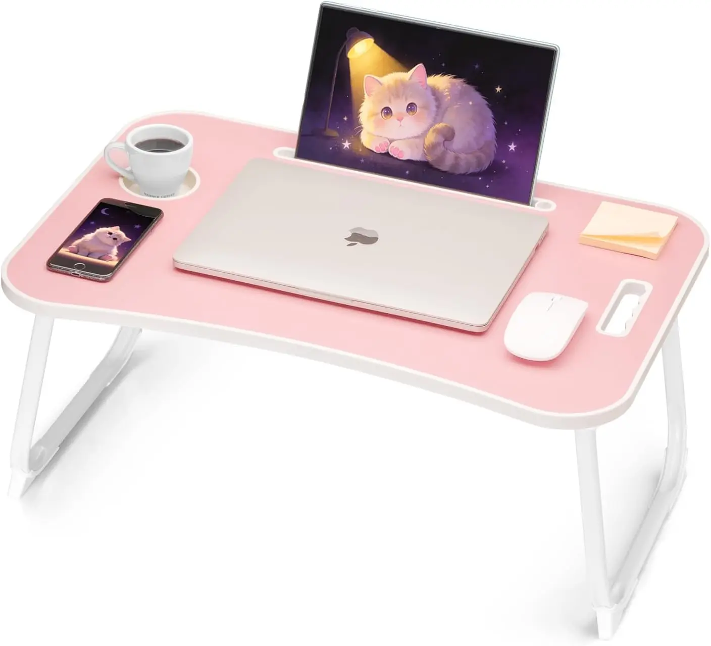 

Foldable Lap Desk for Laptop, Portable Bed Table with Cup Holder, Pink Lightweight Tray for Sofa Floor