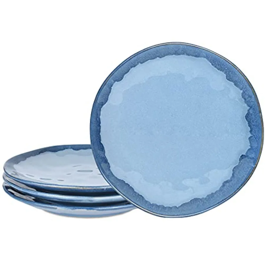 Stoneware Dner Plates ch Set of 4 for Salad Pasta Dessert Microwave and Dishwasher Safe Blue