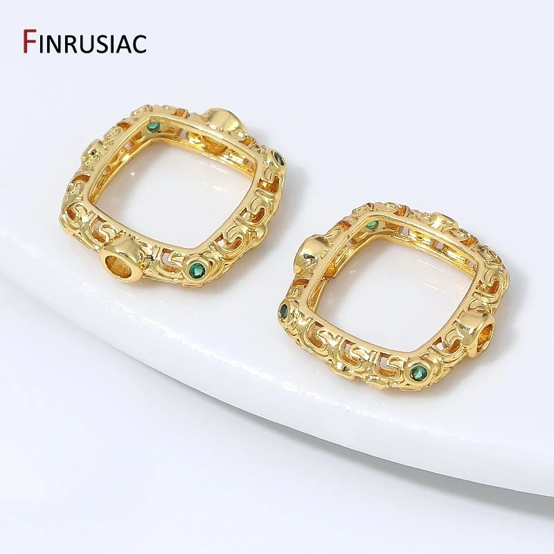 18k Gold Plated Brass Filigree Square Bead Frame Connectors,Zircon Hollow Bead Bezels Spacers For DIY Jewelry Making Accessories