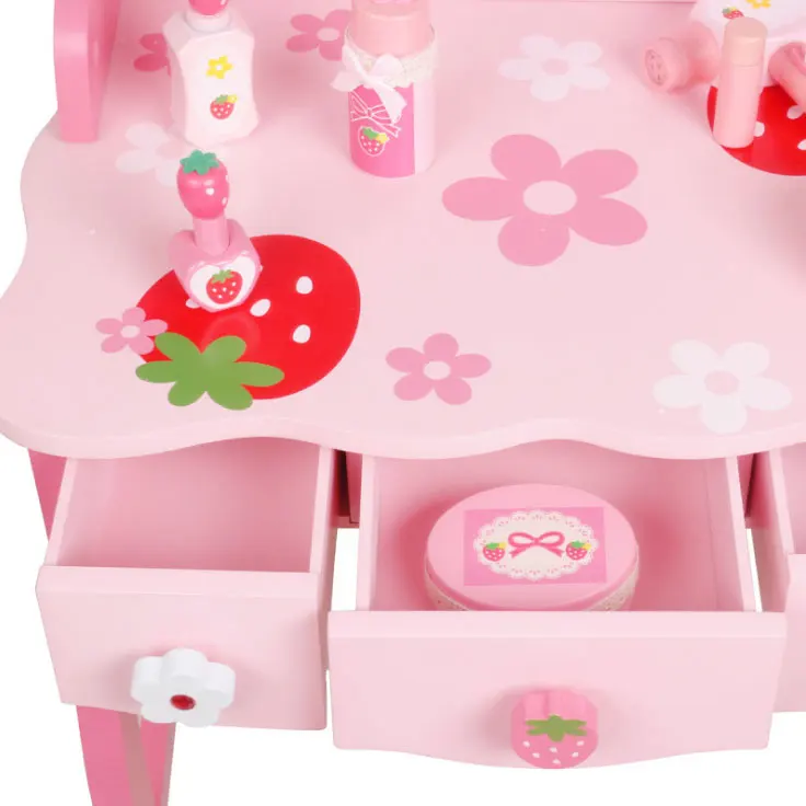새로운 나무 핑크 꽃무늬 대형 어린이 화장대 세트 장난감 (거울 포함)