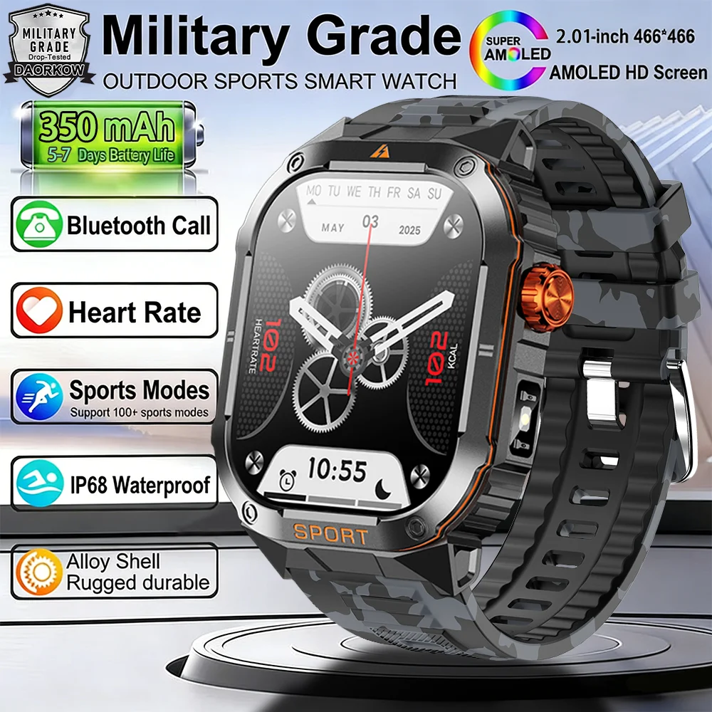 

Новые смарт-часы T-Rex3 Military 2026 года для мужчин, 2,01-дюймовый AMOLED-экран, GPS, Bluetooth-звонки, водонепроницаемость 5ATM, компас, LED-фонарик