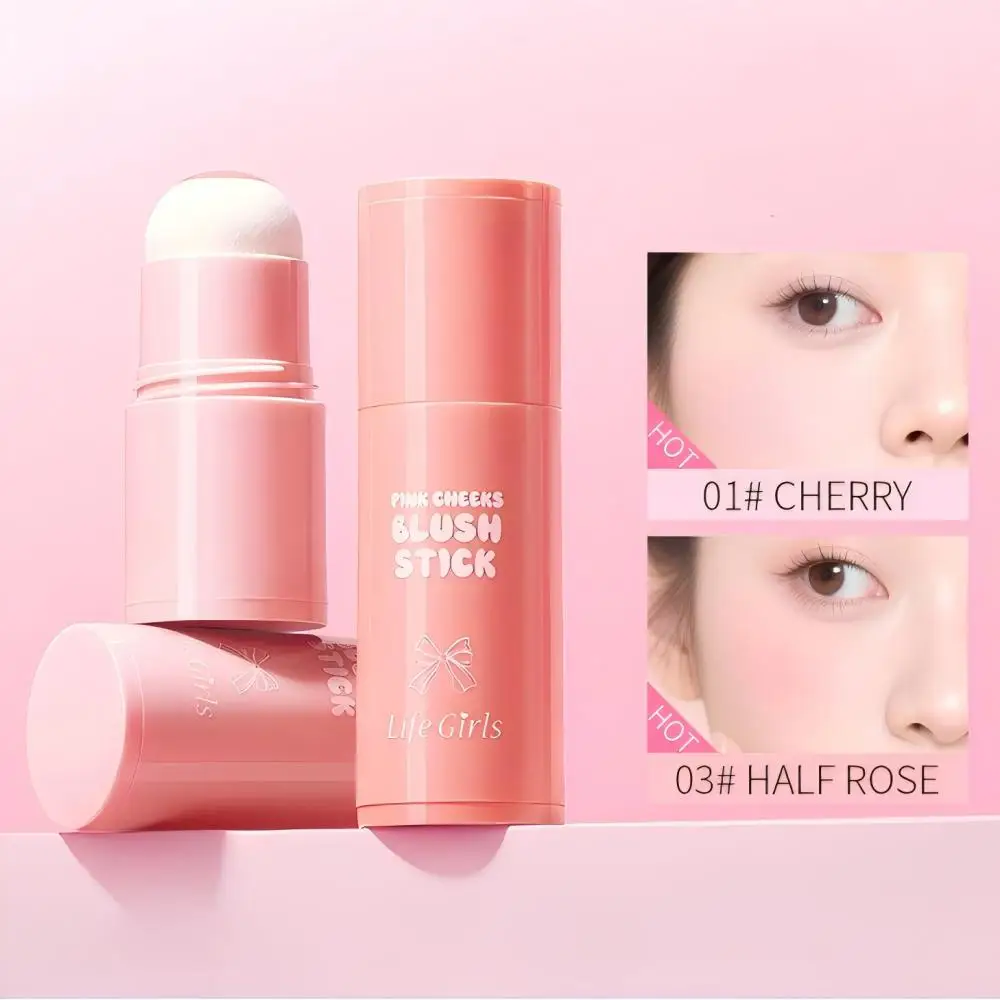 Life Girls Fard in stick di colore rosa naturale Fard per il viso per guance Trucco opaco Rouge Fard in spugna stile coreano