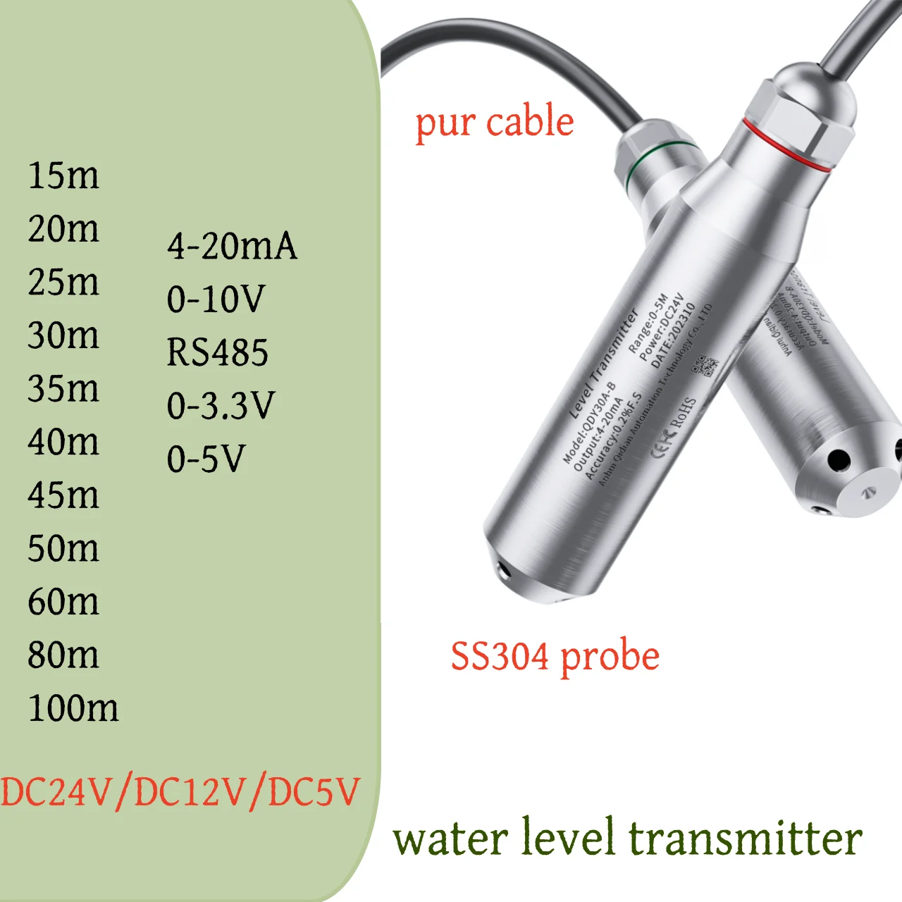 Water Level Sensor 15m 20m 30m 50m 80m 100m Water Level Transmitter 4-20mA 0-10V RS485 Liquid Level Sensor Transmitter