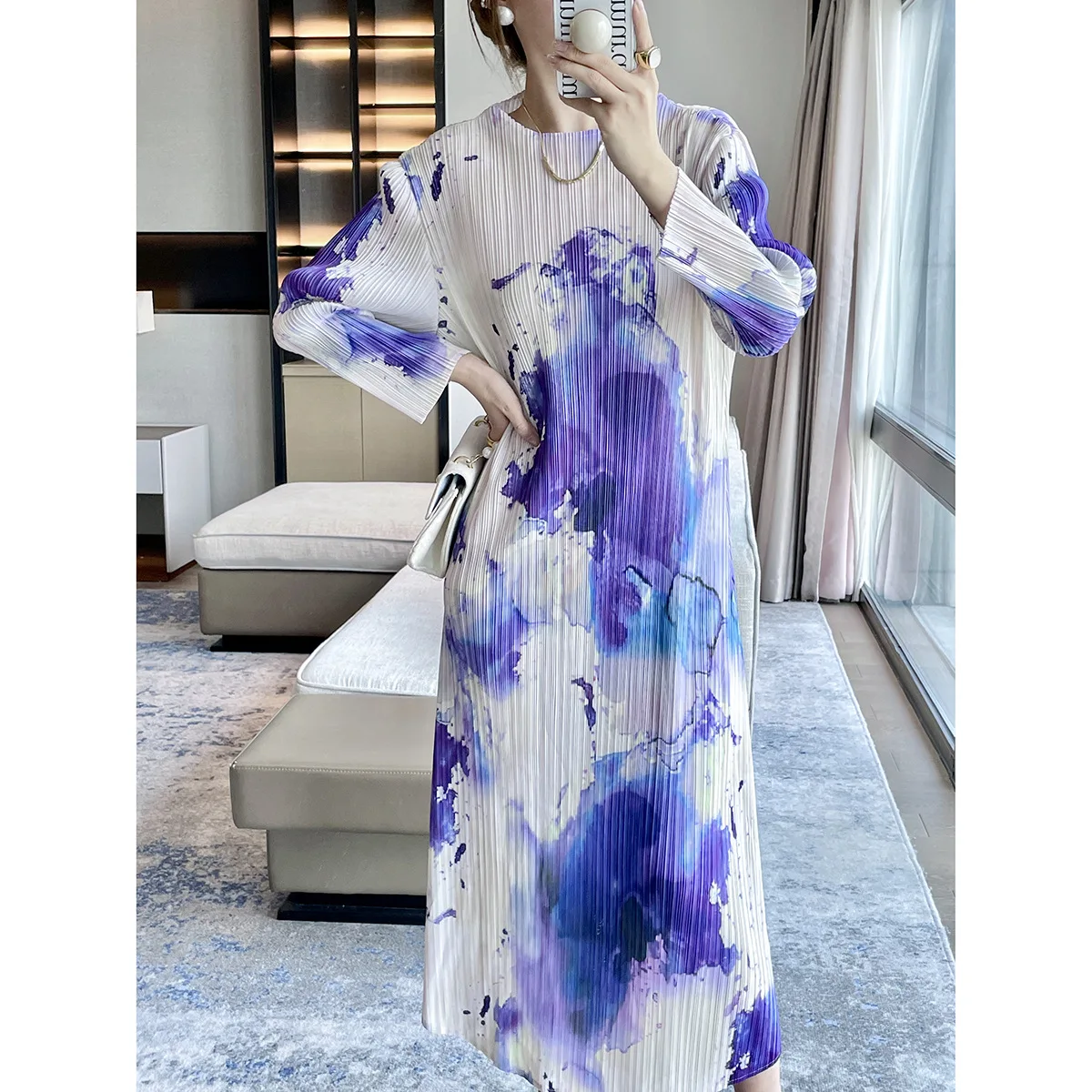 

2025 New Abstract Printing Pleated Retro Pleated Pleated Dress Pleats Femininity Elegant and Thin Pleat Dress