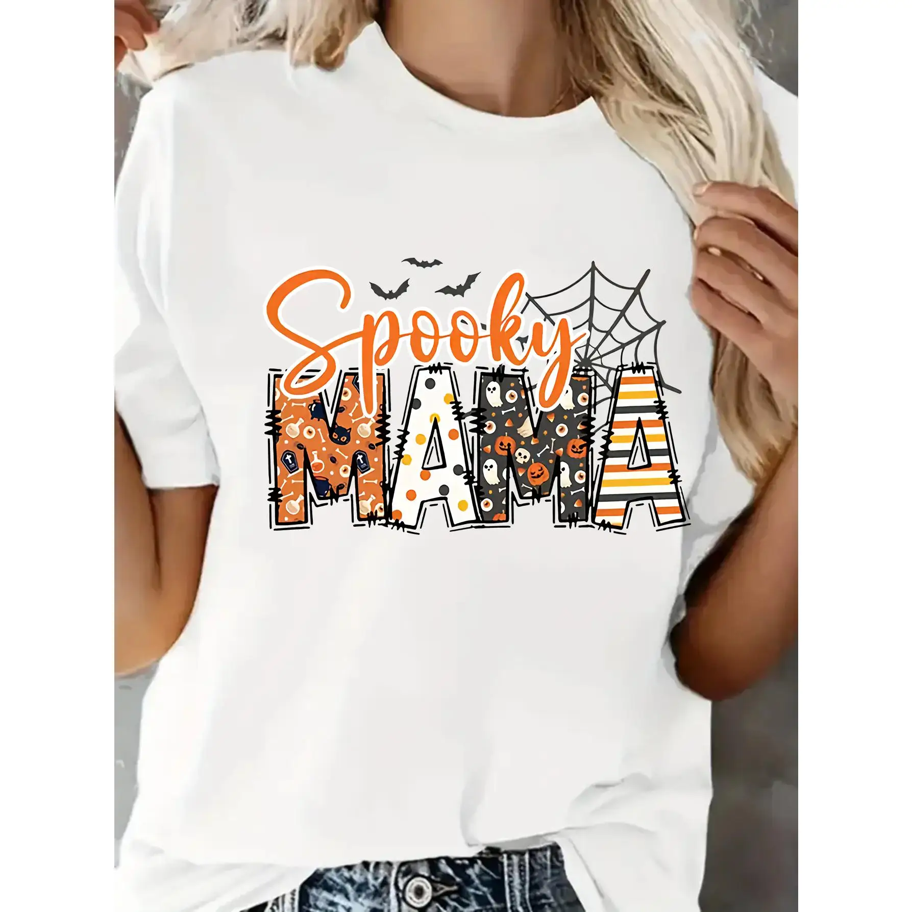 

Spooky Mama T-shirt Halloween Mom Gift Funny Graphic Tee Pumpkin Bat Spiderweb Print