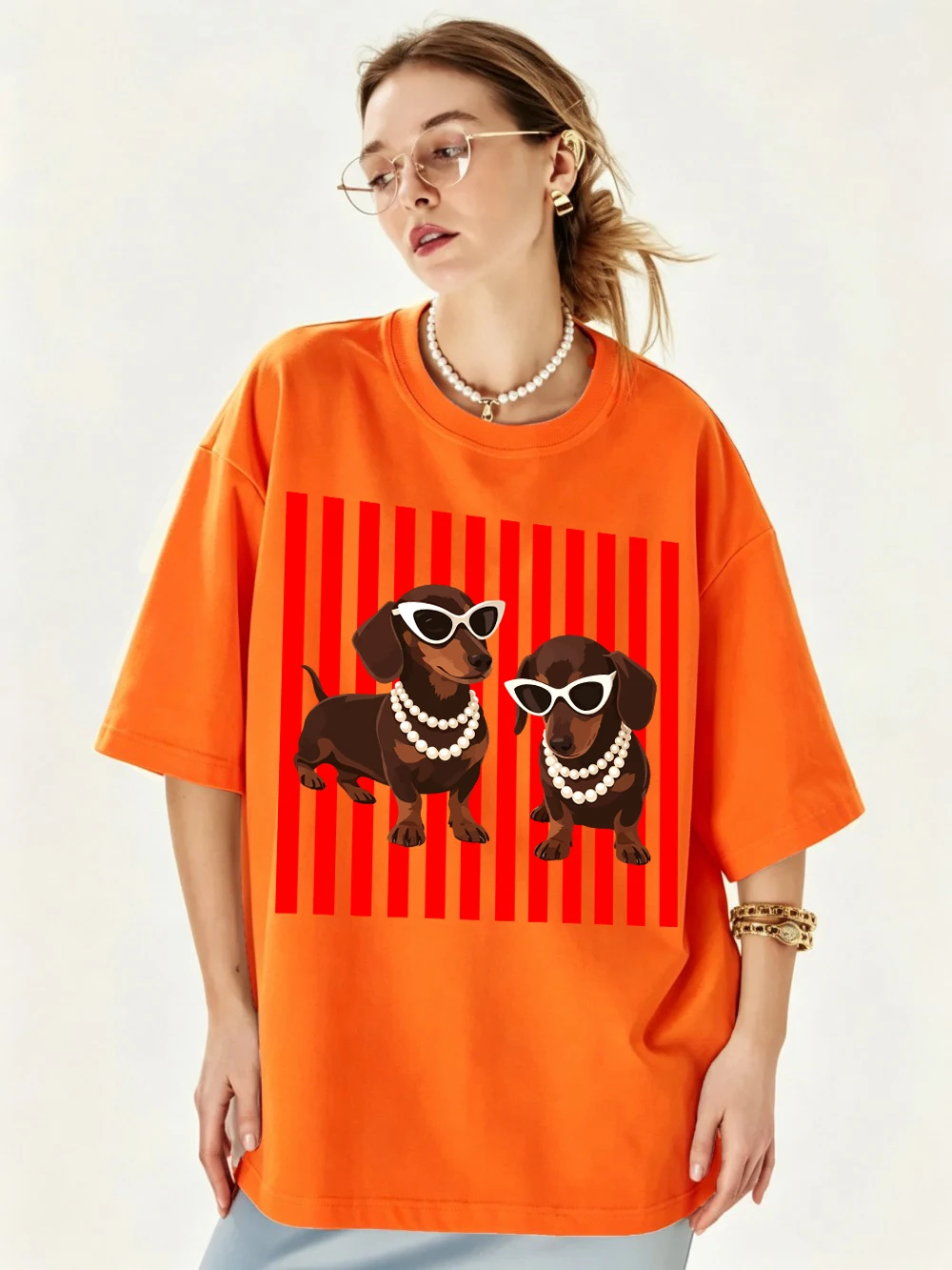 Pearl Dachshund Hundemotiv T-Shirts Baumwolle Damen Sommer Kurzarm T-Shirt Lässige Weiche Oversized Tops Basic O-Ausschnitt Kleidung – Detail 21