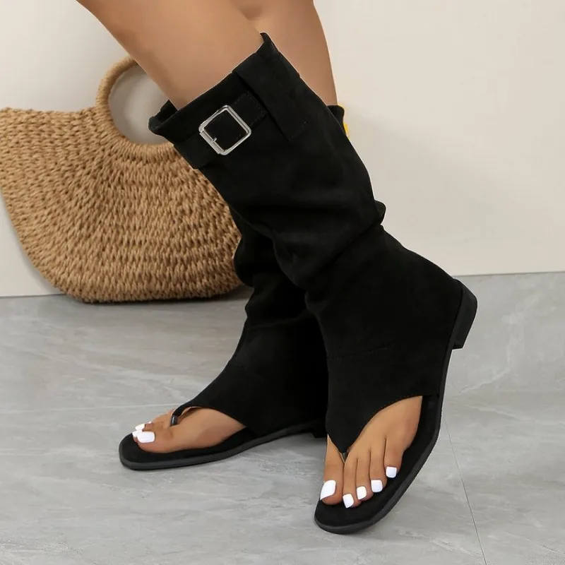 Women's Slouchy Mid Calf Boots Open Toe Thong Sandals Flat Heel Suede-Look Buckle Strap Casual Summer Vacation Outdoor Footwear