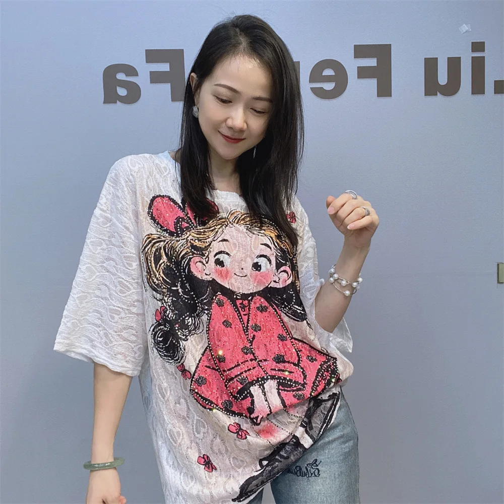 

Fashion Cartoon Girl Printed T Shirts Women Lace Clothing Loose Diamonds Female Short Sleeve Top Занзеа Женская Одежда Plus Size