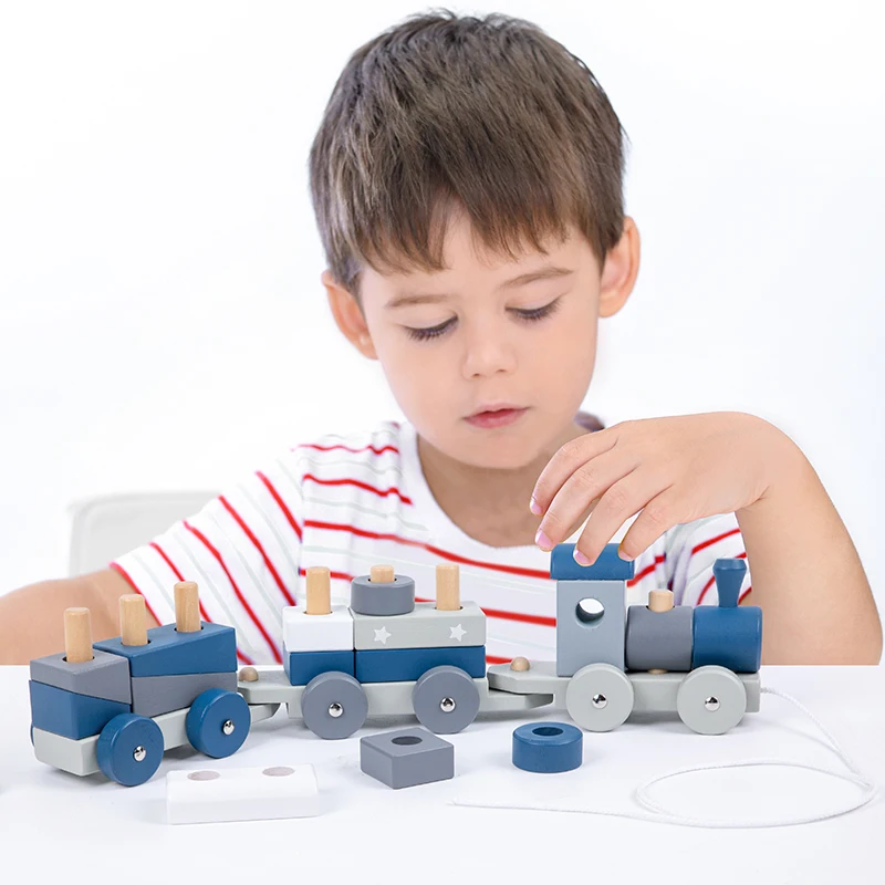 Conjunto de trem de empilhamento montessori de madeira, brinquedos educativos, classificador de formas, blocos de construção, carrinho de madeira, brinquedos de aprendizagem para bebês, presentes