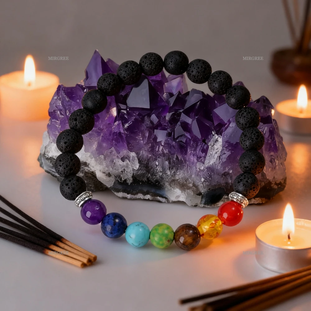 2pcs Seven Chakra Volcanic Rock Bracelet Paired with Natural Amethyst Clusters,used for Healing,meditation,and Spiritual Jewelry