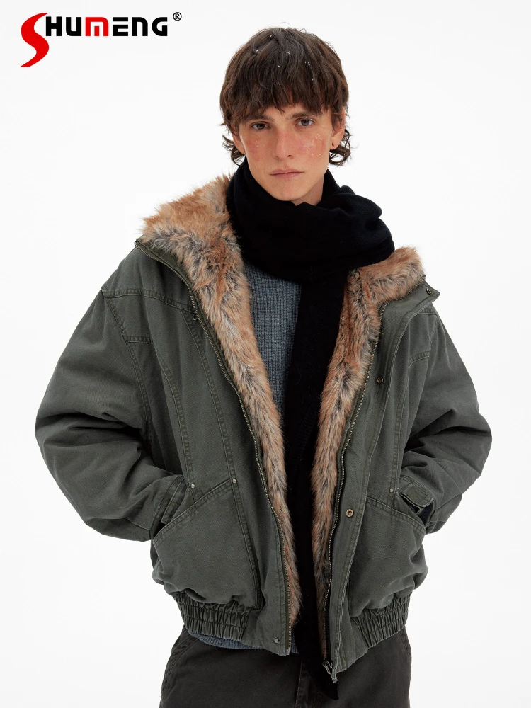 Men's 2025 Winter New Retro Fashion Multi-Pocket Tooling Parkas Loose Detachable Faux Fur Collar Coats Trendy Long Sleeve Parkas