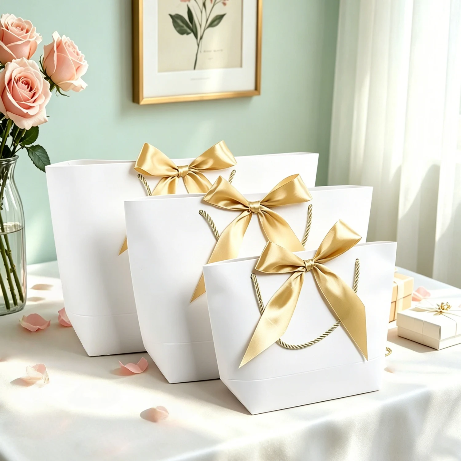 Geschenktüte mit Schleifenband, recycelbare DIY-Papiertüten für Kleidung, Hochzeit, Geburtstagsfeier mit Griffen, Feierdekoration, 10 Stück – Detail 1