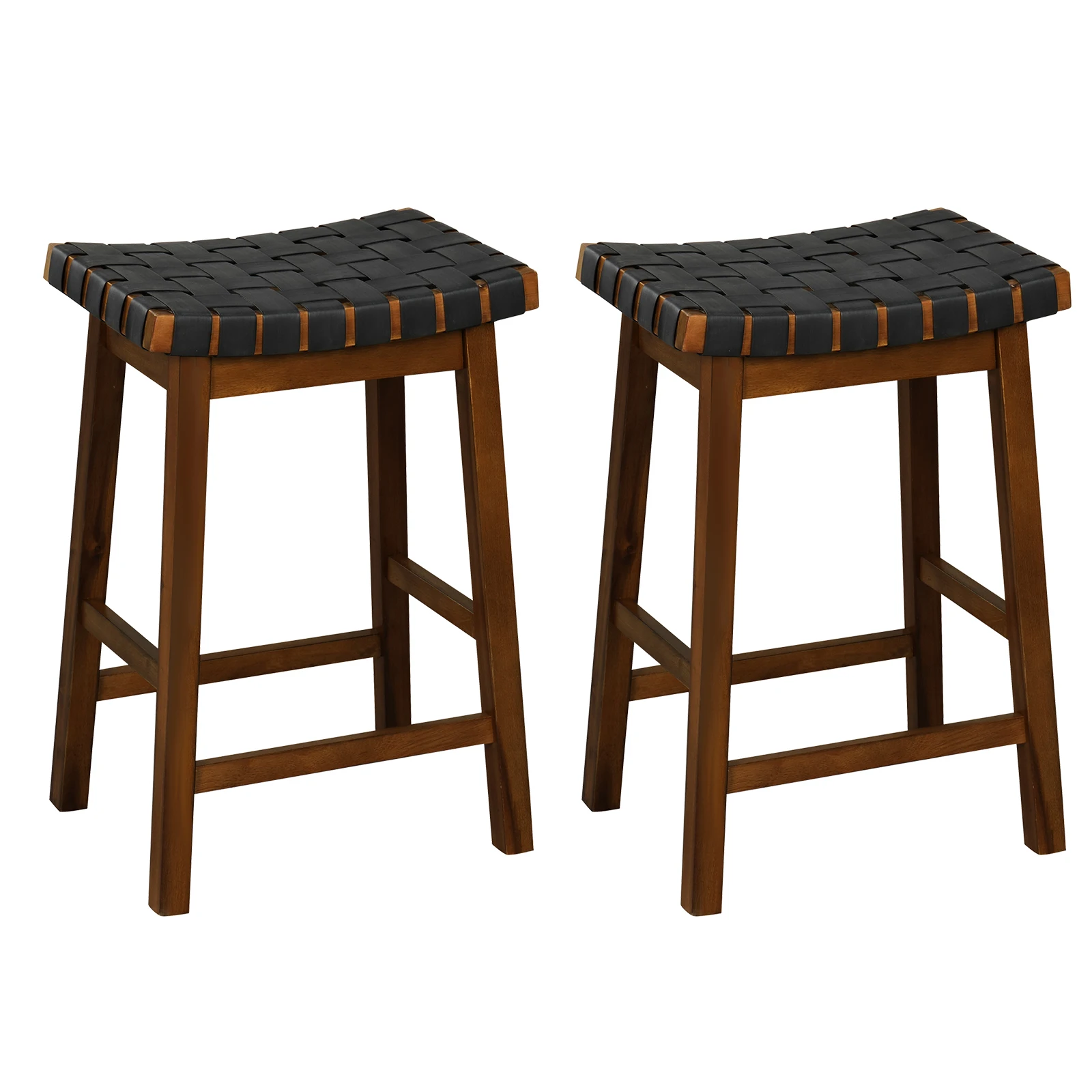 Stool Wood set of 2 with PU fabric, bar stool with curved seat, 65 cm high with footrest for dining room bar