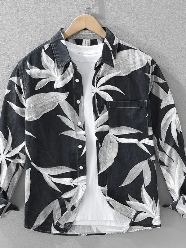 

Summer Leaf Print Casual Short Sleeve Men's Shirt Lightweight Luxury Versatile Artistic Loose Style Breathable Polyester