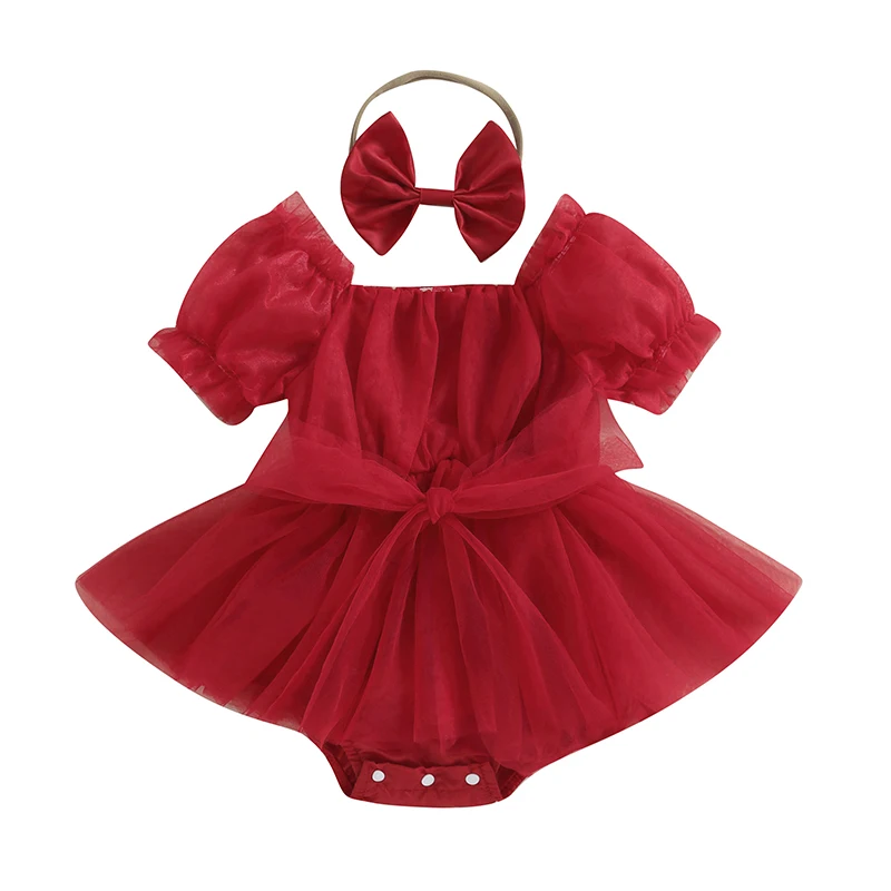 Toddler Infant Baby Girls Christmas Romper Dress Summer Casual Short Puff Sleeve Bow Tulle Bodysuit with Headband Set 0-24Months