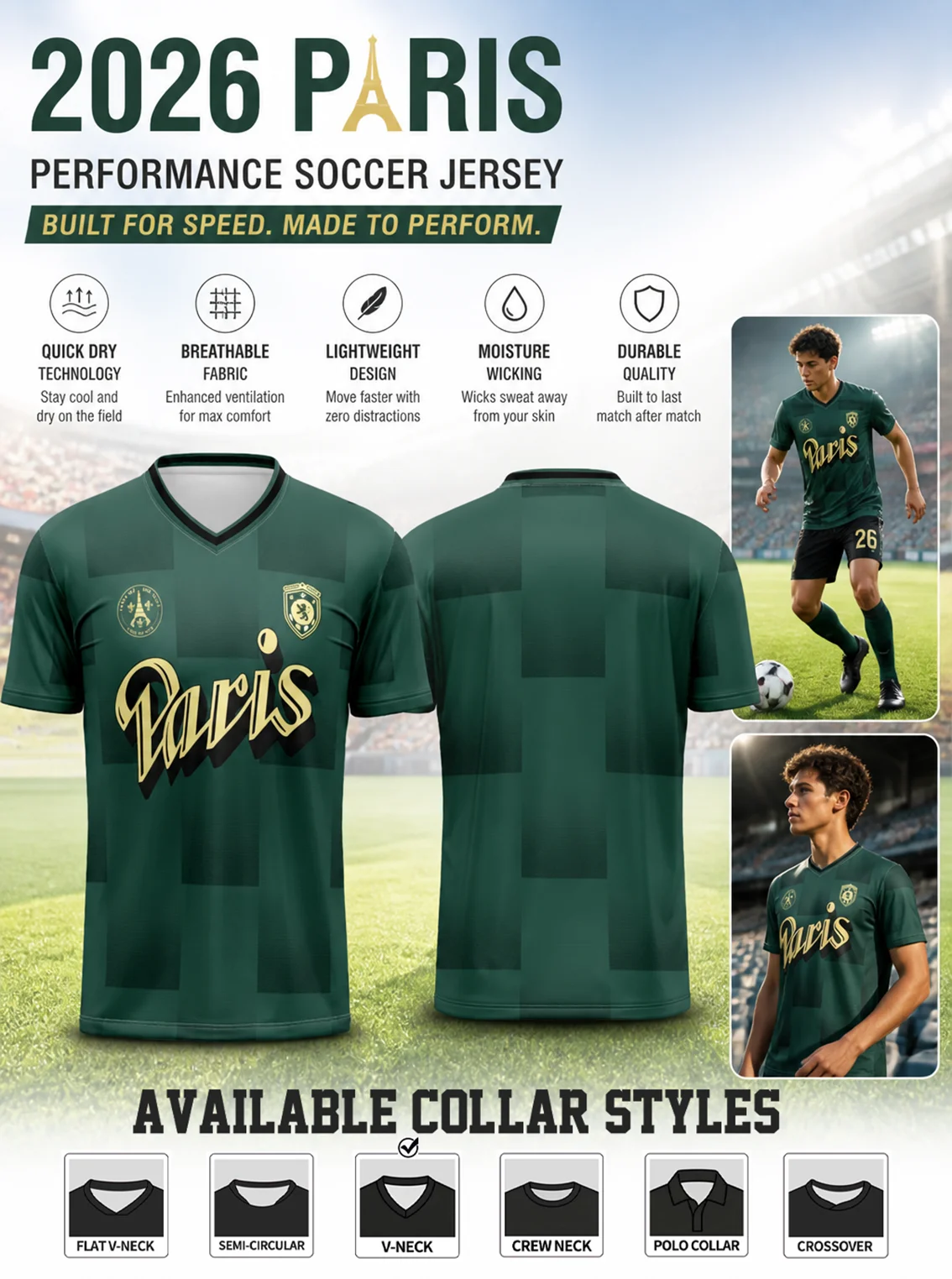 2026 Paris V‑neck soccer jersey, dark‑green plaid texture and golden‑letter print, quick‑dry sweat‑wicking fabric
