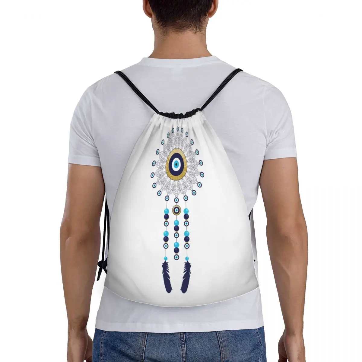 Boho Chic Evil Eye Mandala Dream Catcher Drawstring Backpack Gym Sport Sackpack Foldable Hamsa Nazar Bohemian Training Bag Sack