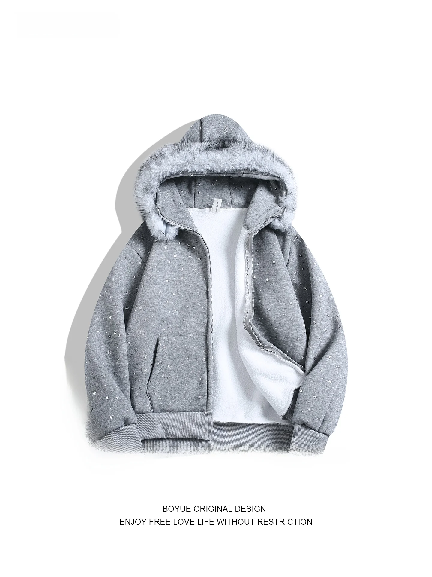 

Boyue Galaxy Broken Star Fur Collar Fce Толстовка с капюшоном Повседневный дизайн ex Jaet со шляпой Внутренняя застежка-молния Long Sve