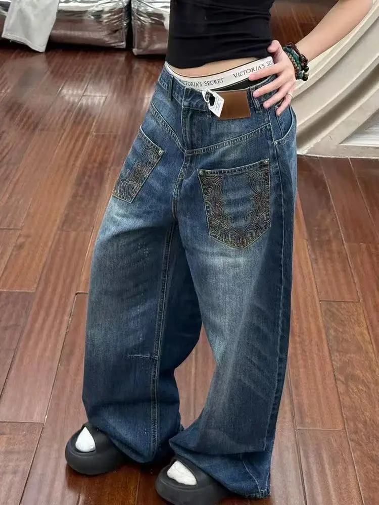 

Women's Blue Embroidered Cargo Baggy Jeans Y2K American High Street Harajuku Aesthetic 2000S Style Vintage Jeans Pants Clothing