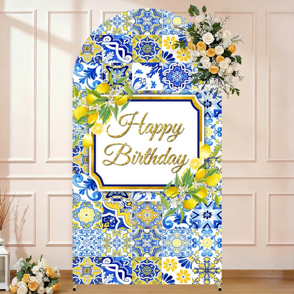 Lemon Arch Backdrop Cover Blue Tile Floral Decoration Kids Adult Birthday Party Baby Shower Background Cake Table Photozone Prop