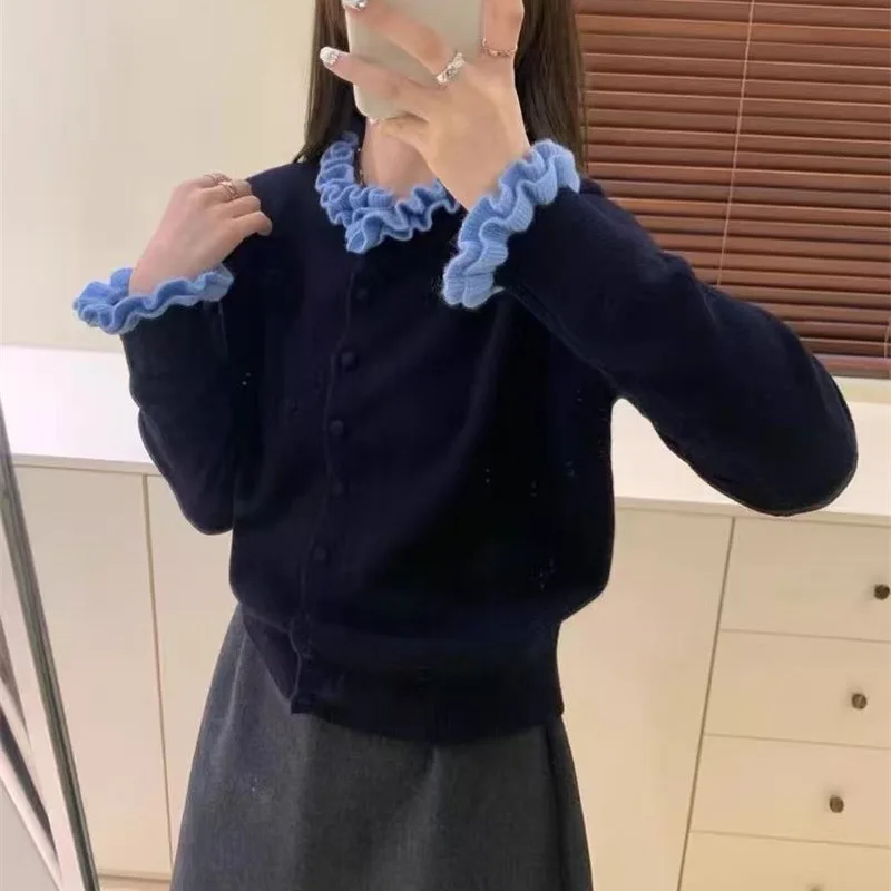 

Милый модный свитер для девочек, новый осенний свитер с рюшами на воротнике, шикарное женское однобортное вязаное пальто с длинными рукавами, цветной кардиган, топ