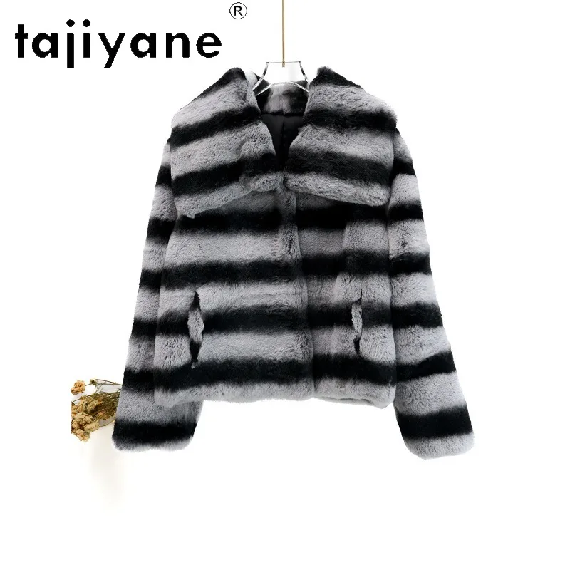 TAJIYANE Whole Rex Rabbit Fur Shearling Real Fur Coat Woman Outerwear Trendy Chinchilla Pattern Fur Jacket Winter Overcoat Loose
