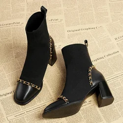 High Heels Women Snow Ankle Boots Knitting Chain Sock Boots Designer Chunky Winter Shoes 2024 Trend Gladiator Femme Chaussures