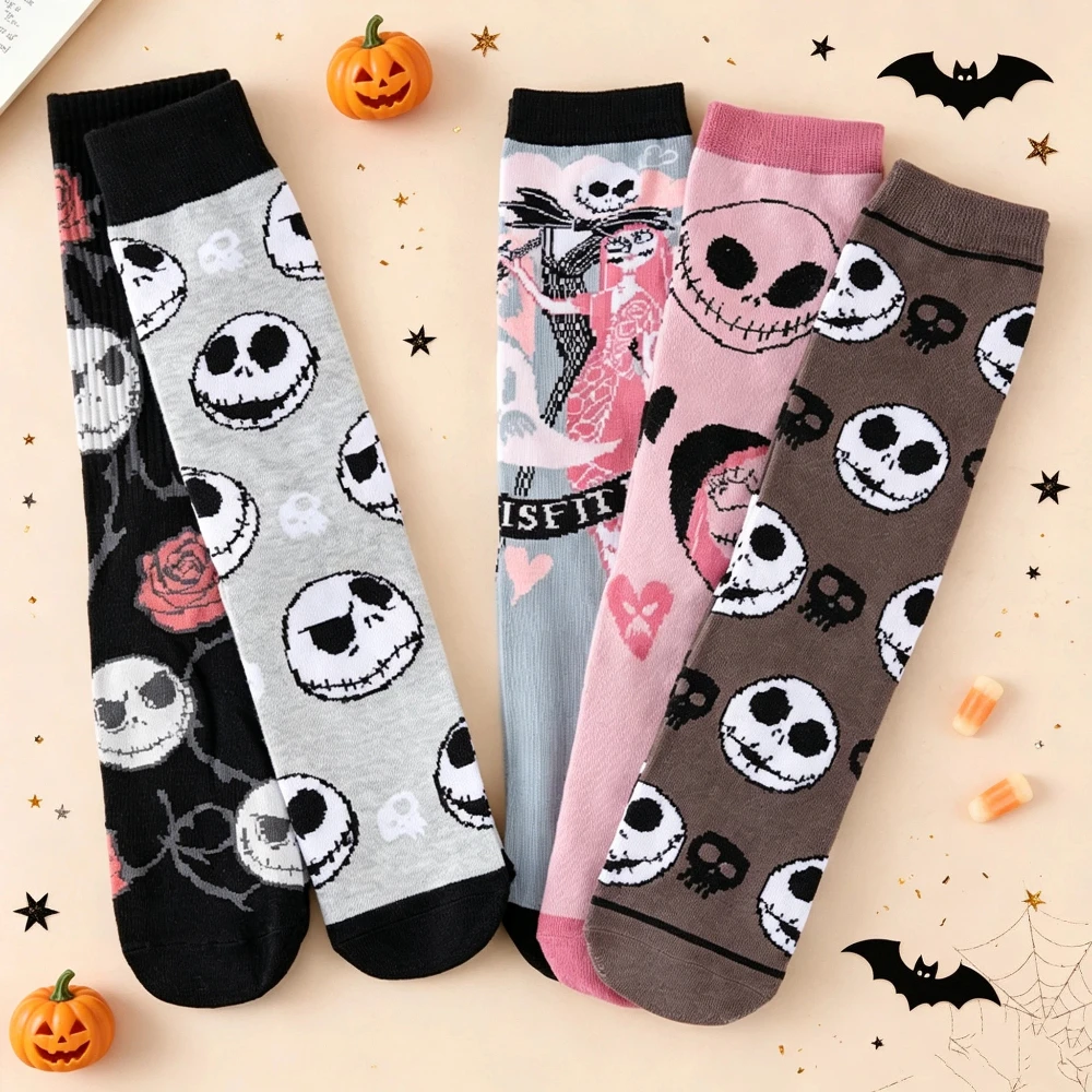 5 Pairs of New Halloween Jack Skull Rose Cartoon Printed Women's Round Neck Socks With Personalized and Creative Party Socks