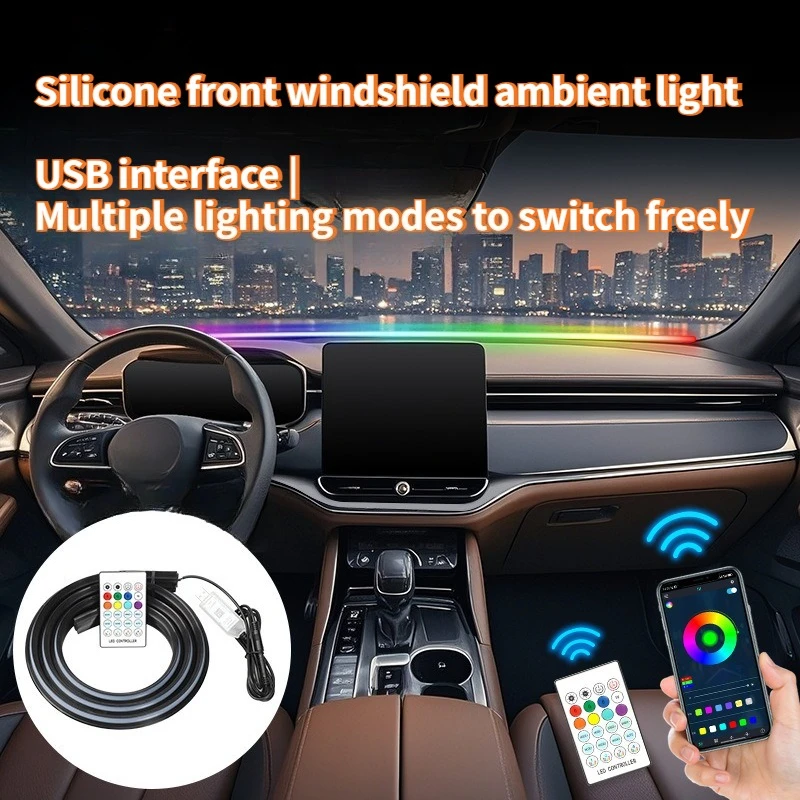 Car Universal Front Windshield Ambient Light Silicone Multi-Color Gradient Car LED Decorative Light with Remote Control APP