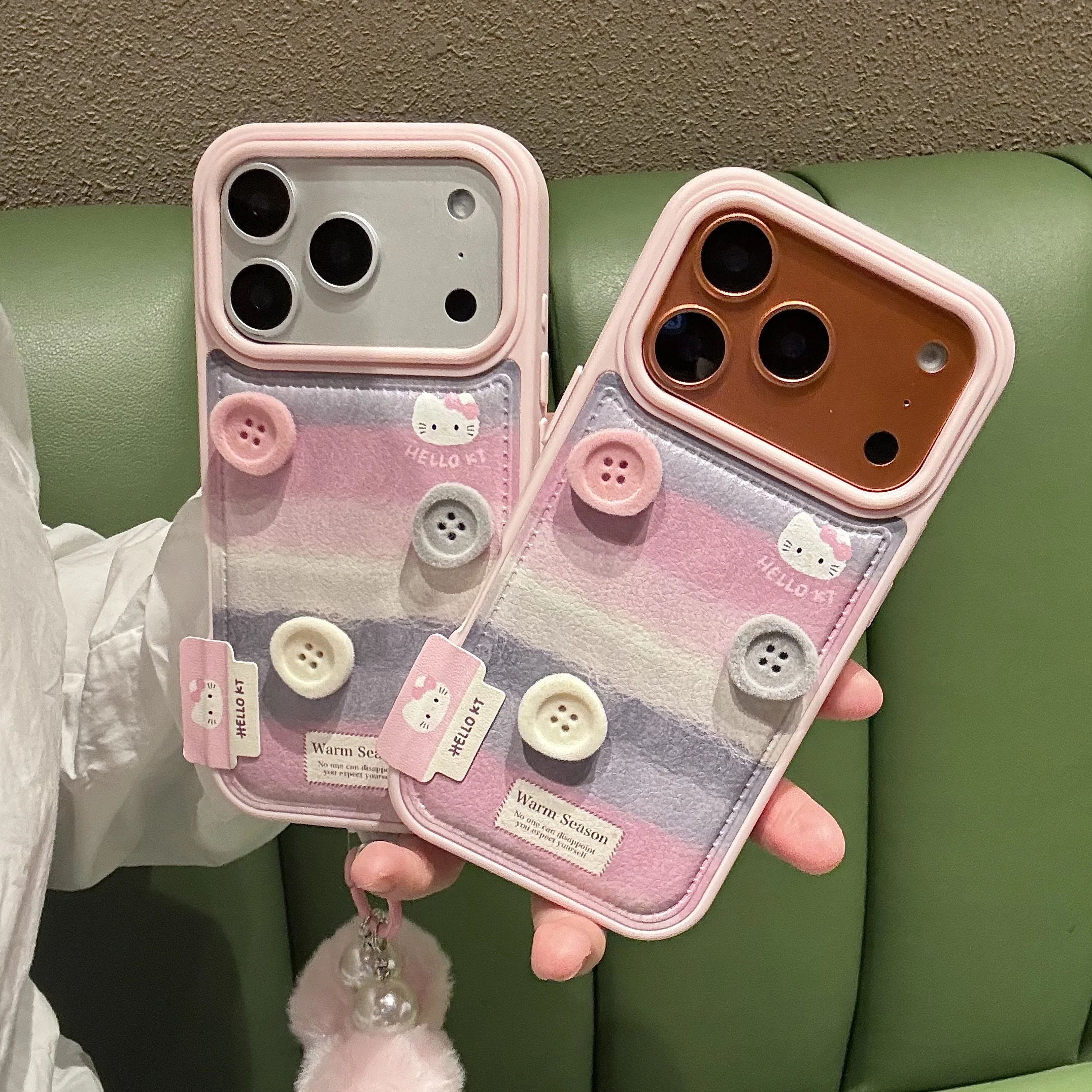 

Korean INS striped cute Hellokitty fashion leather phone Case for iPhone 16 Pro 14 15 17 Pro Max cover with plush lanyard Cases