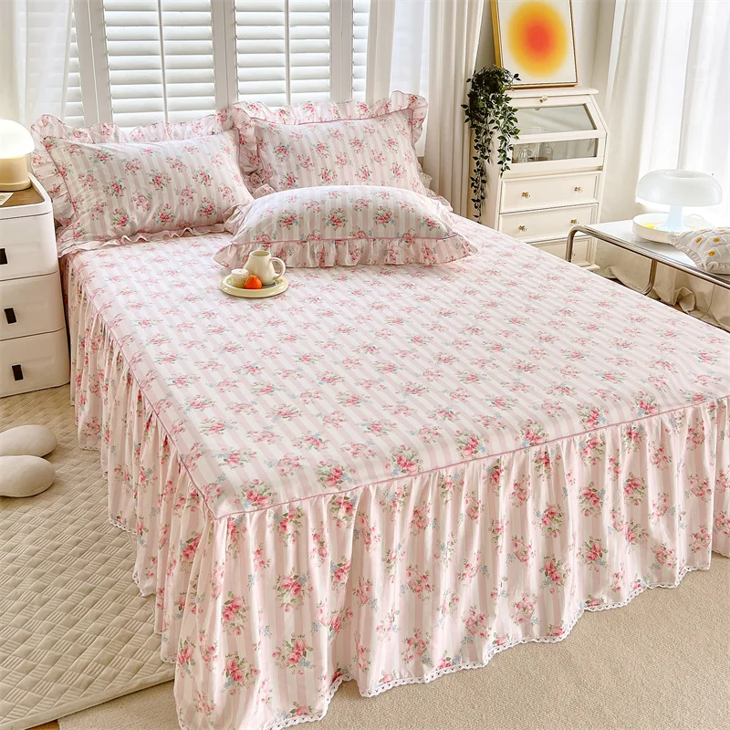 Bonenjoy 1pc Bed Skirt 100% Cotton Bedspread Floral Style Bed Cover Skin-friendly Bed Linen for Home 침대스커트 (No Pillowcase)