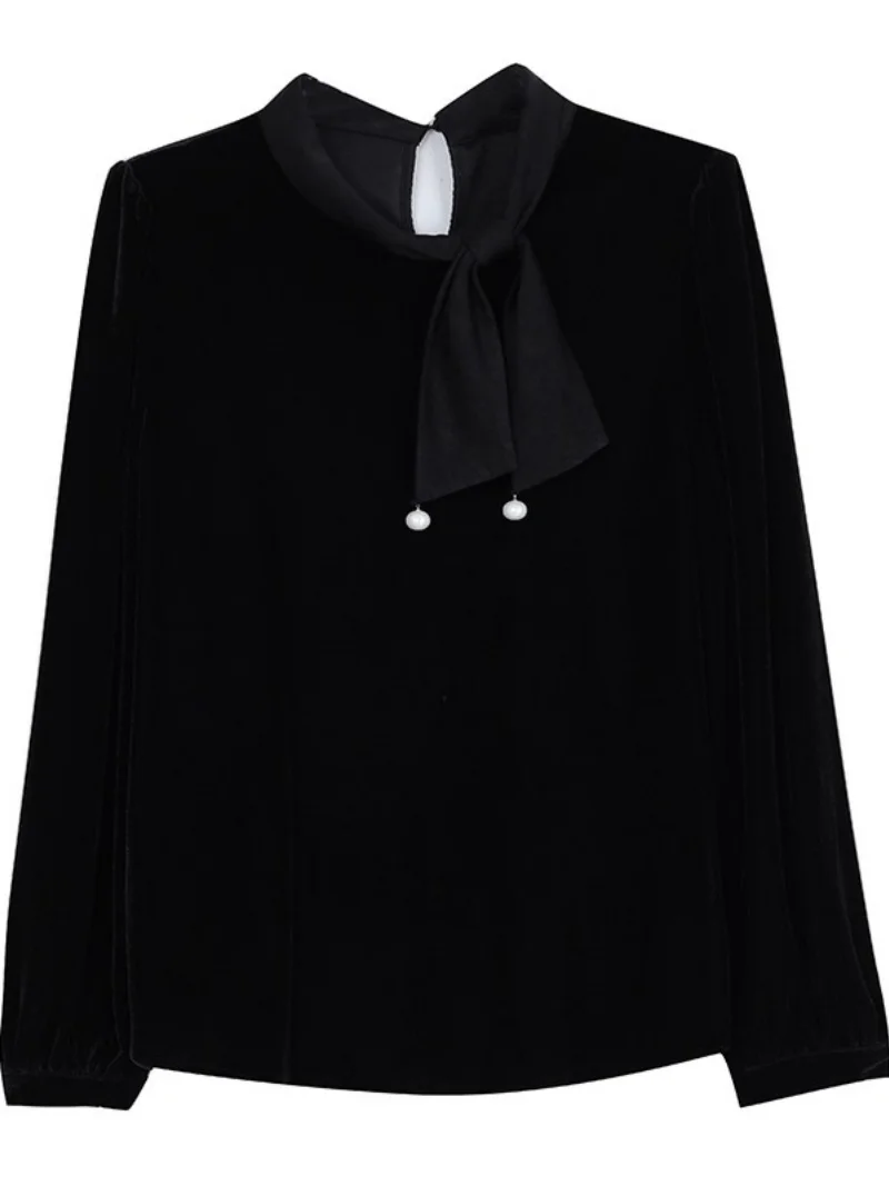 Top de terciopelo con lazo de estilo francés para mujer primavera Otoño e Invierno 2025 Retro de gama alta versátil camisa de manga larga blusa w1799