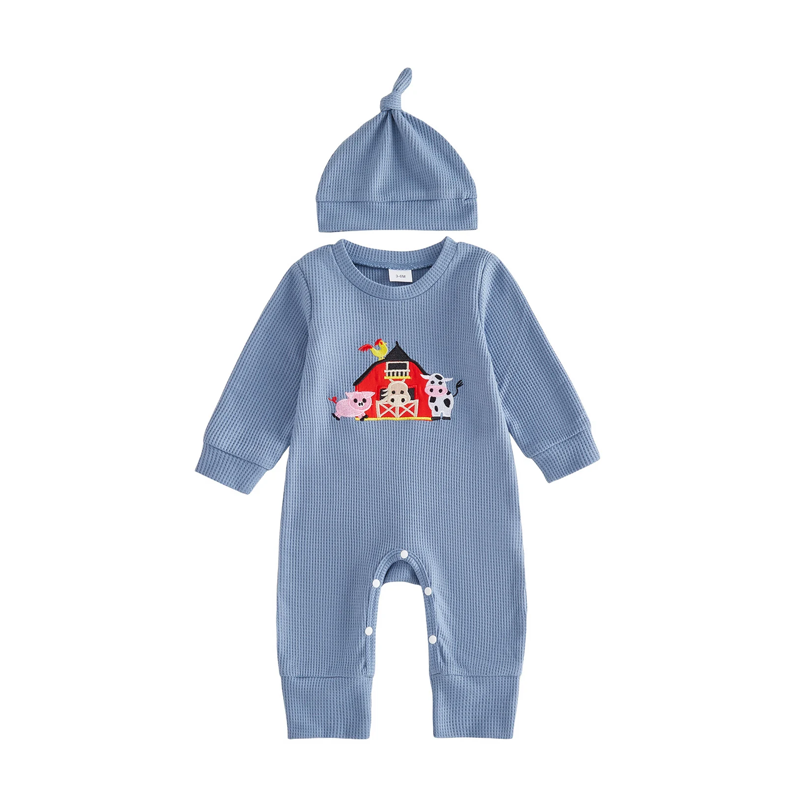 2Pcs Infant Baby Boy Outfit Long Sleeve Crew Neck Farm Animal Embroidery Waffle Knit Romper and Hat Set