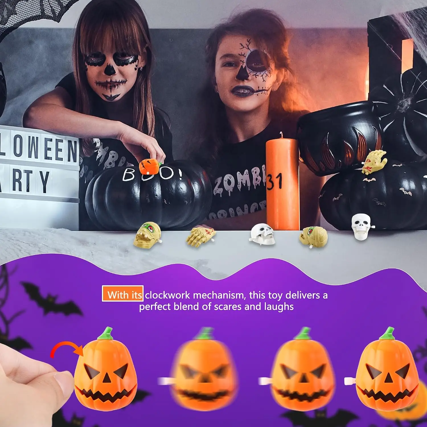 Set di 12 Giocattoli a Forma di Mulino per Halloween, Teschio, Mano di Zombie e Testa di Mummia, Decorazioni per Feste e Riempitivi per Sacchetti Regalo di Halloween