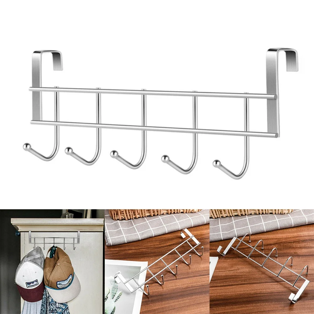 

5 Hooks Stainless Steel Hook Free Punching Clothes Bag Hanger Hat Hook Kitchen Bathroom Cabinet Door Coat Towel Storage Hanger ﻿