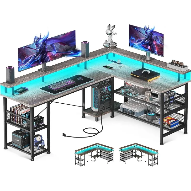 

66" L Shaped Gaming Desk with Power Outlet and LED Lights, PC Gaming Table with USB Ports, Reversible L Shape Desk