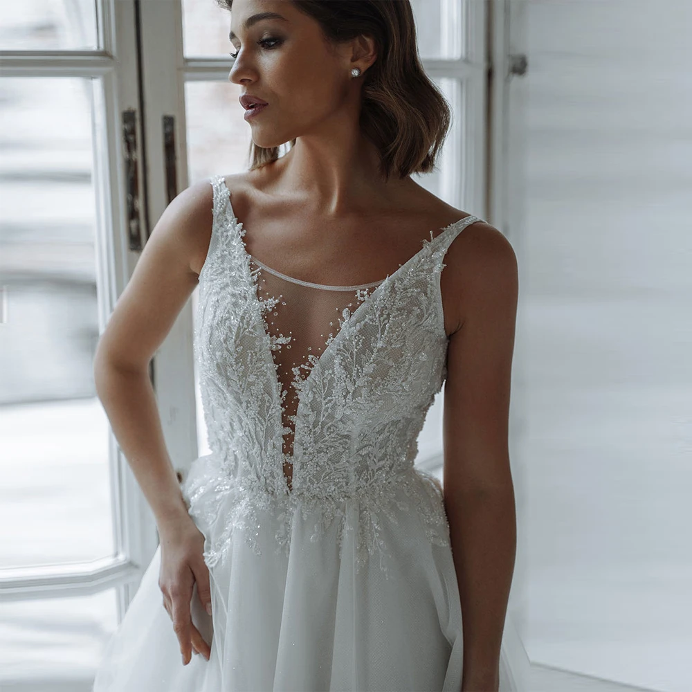 2024 Illusie Rugloze Vrouwen Trouwjurken Diepe V-Hals Bruidsjurken Sexy Mouwloze Kanten Appliques Elegante Vestidos De Novias