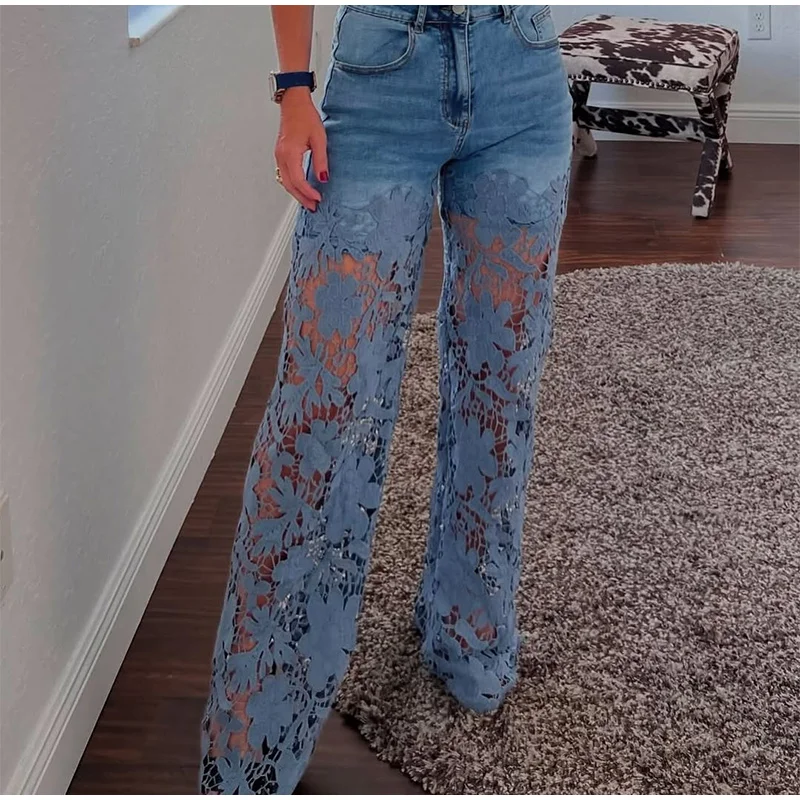 

Women High Waisted Skinny Wide Leg Jeans Long Pants New Lace Hollow Splicing Fashion Denim Trousers