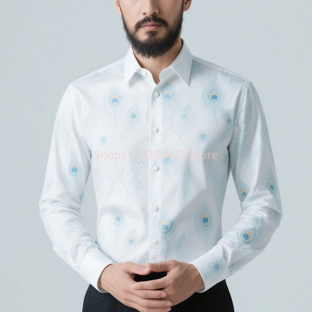 Men's White Shirt Peacock Feather 3D Printed Shirt Hawaiian Casual Long-sleeved Lapel Shirt Business Simple Party Formal Tops