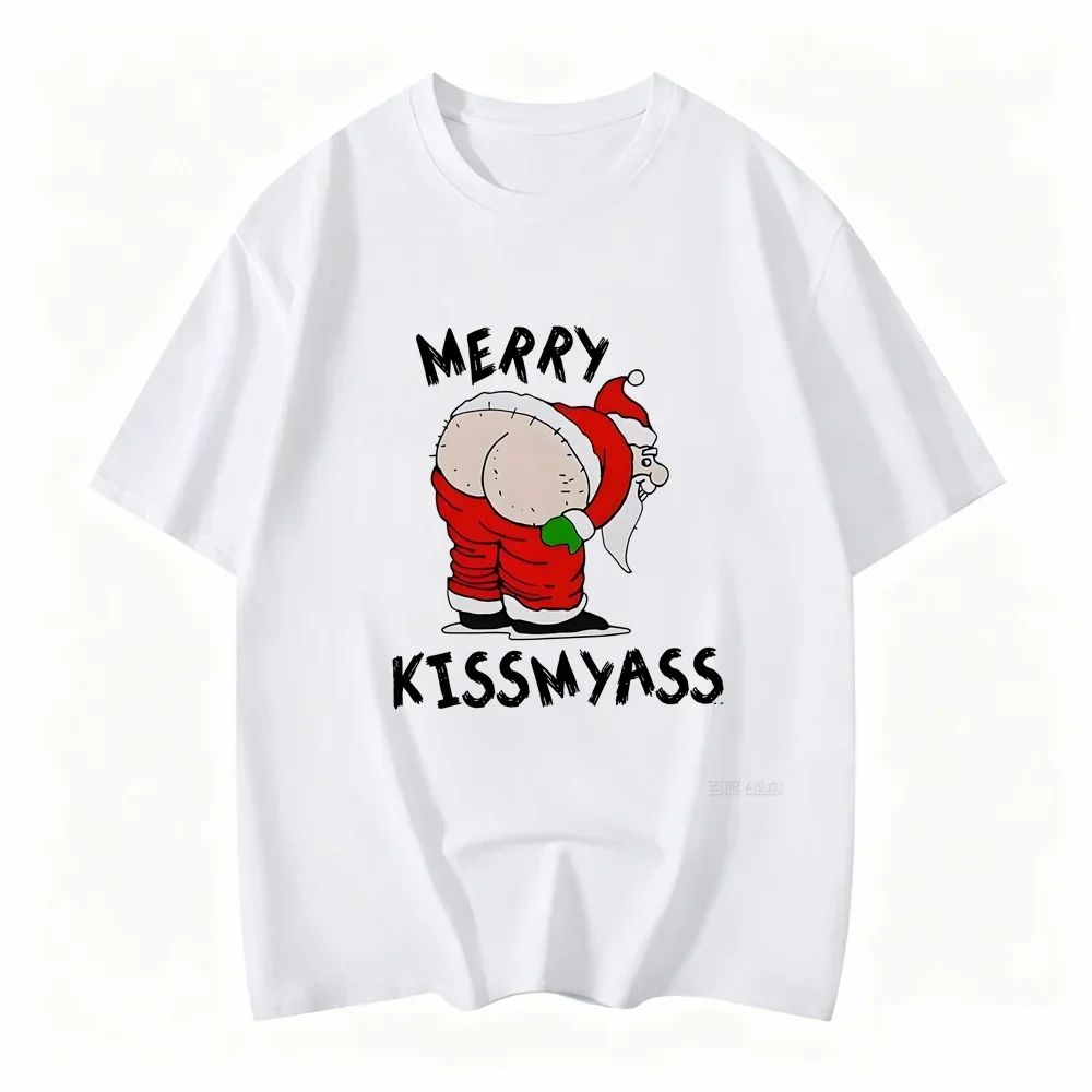 Merry Christmas Kiss My Ass Printed Women's T-shirt Funny Santa Claus Soft Street Short Sleeve Round Neck Causal Women Clothing