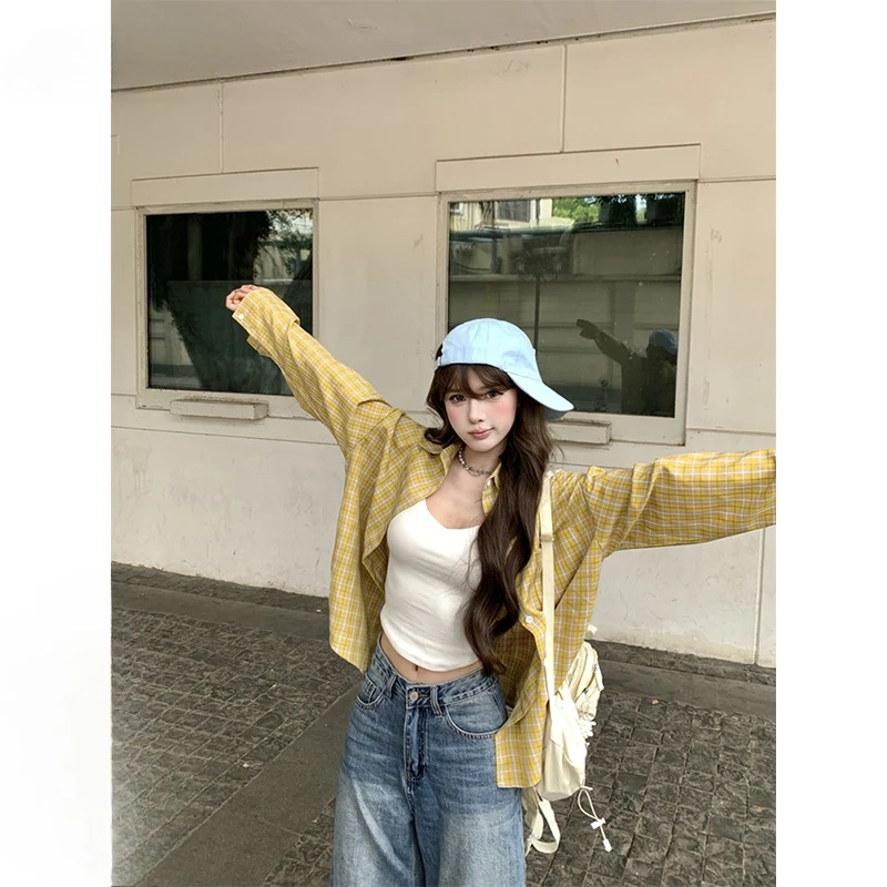 High Street Design Sense Niche Breathable Shirt Women's Yellow Plaid Sunscreen Jacket Top Men's and Women's Couples