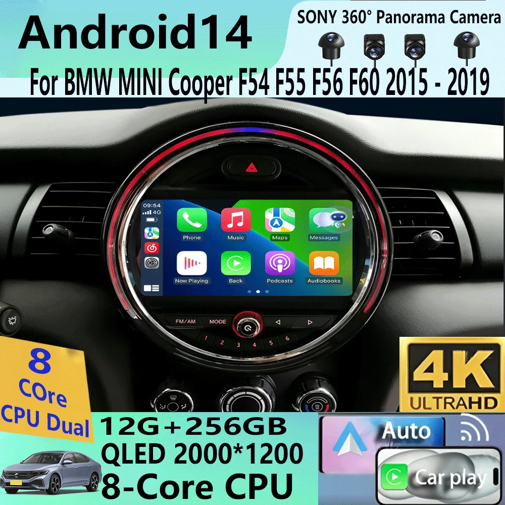 2K Screen CarPlay Radio For BMW MINI Cooper F54 F55 F56 F60 2015-2019 Android15 Auto Car Multimedia Player Stereo GPS 2Din