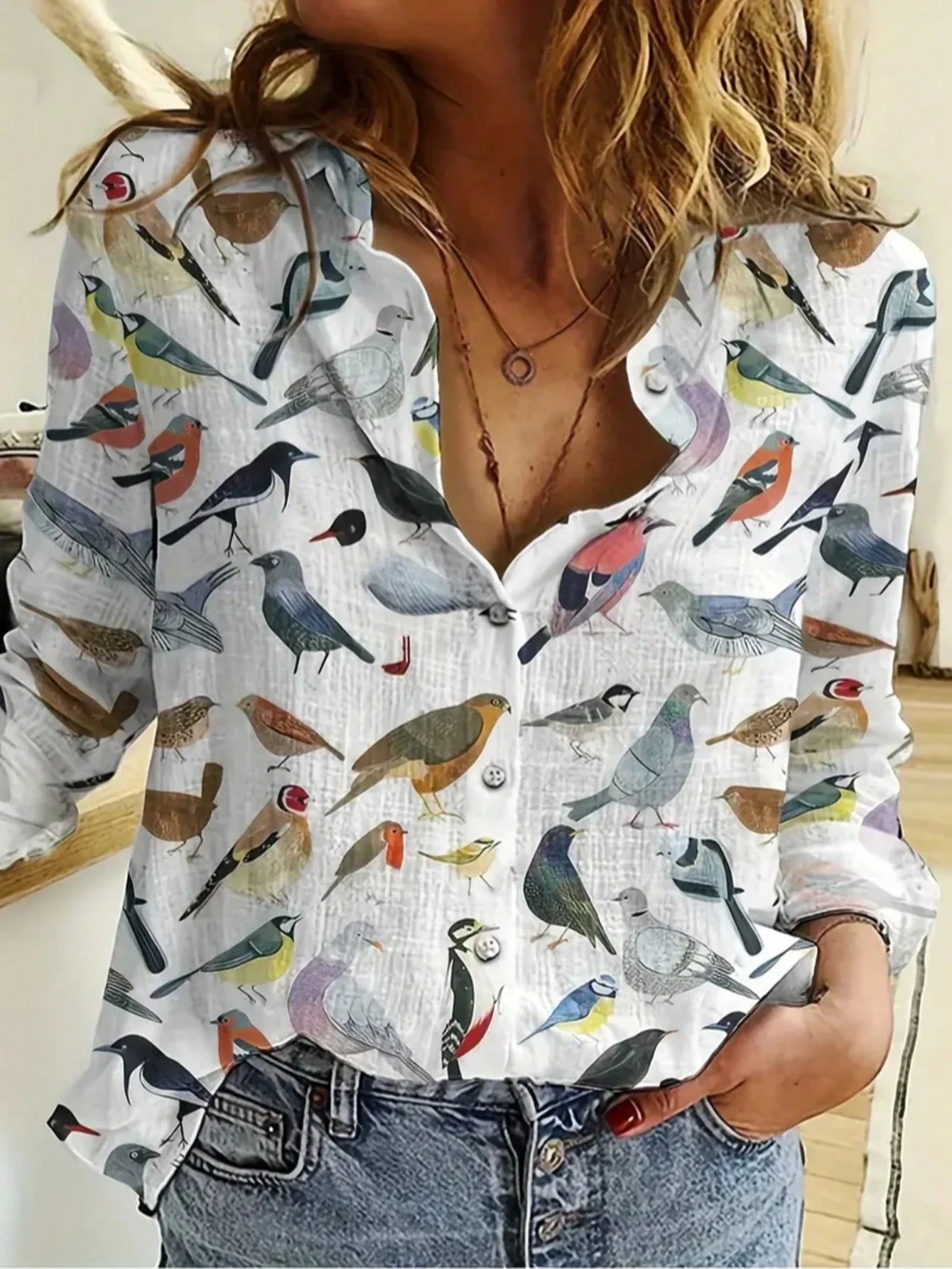 

Women's Casual Bird Print Long Sleeve Stand Collar Blouse Spring Summer