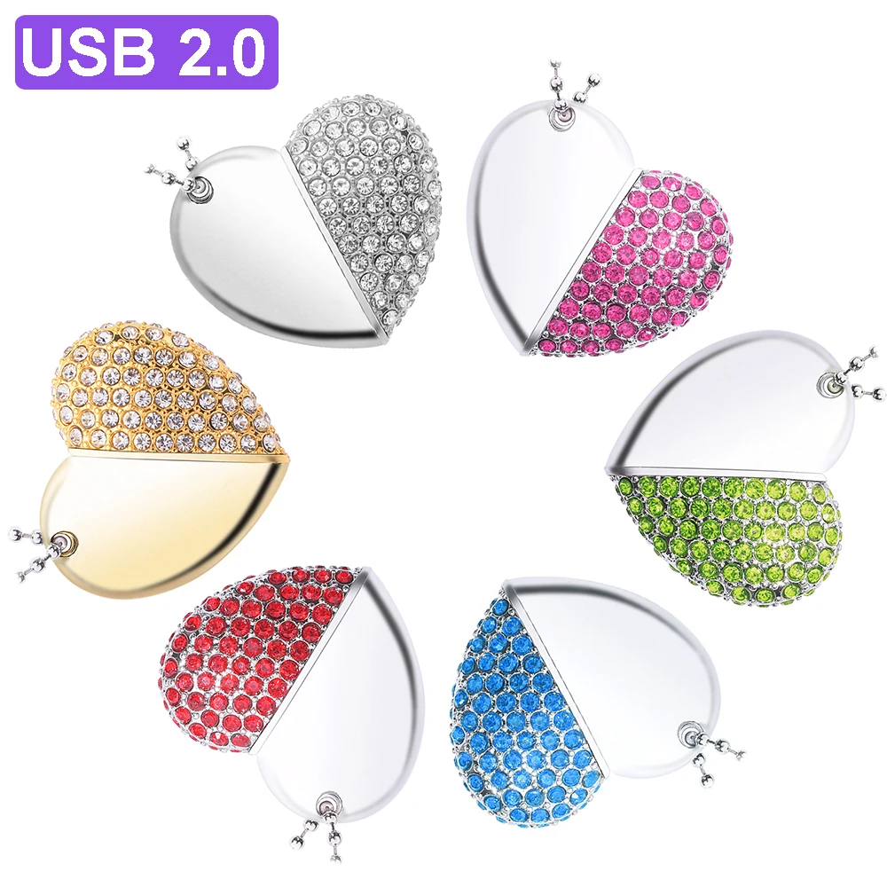 Heart Crystal USB Flash Drive 128GB Free Key Necklace Memory Stick 64GB 100% Real Capacity USB Flash Drive 32GB Business Gift