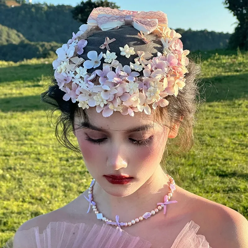 

Sweet Pink Bow Flower Hair accessories Elegant Woman Formal Hat 18-Year-Old Adult Gift Headwear High Quality